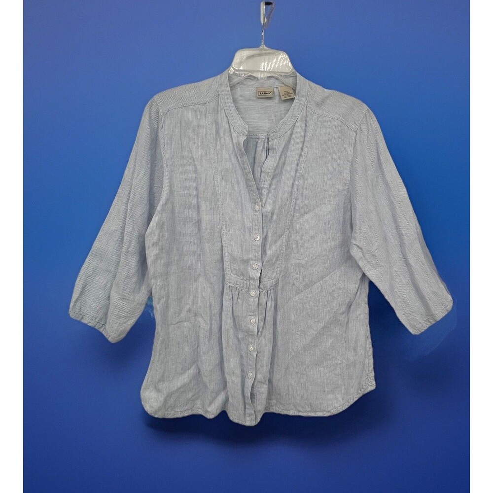 LL Bean 100% Linen Button Down Top Size L 3/4 Sleeves Coastal Preppy Nautical